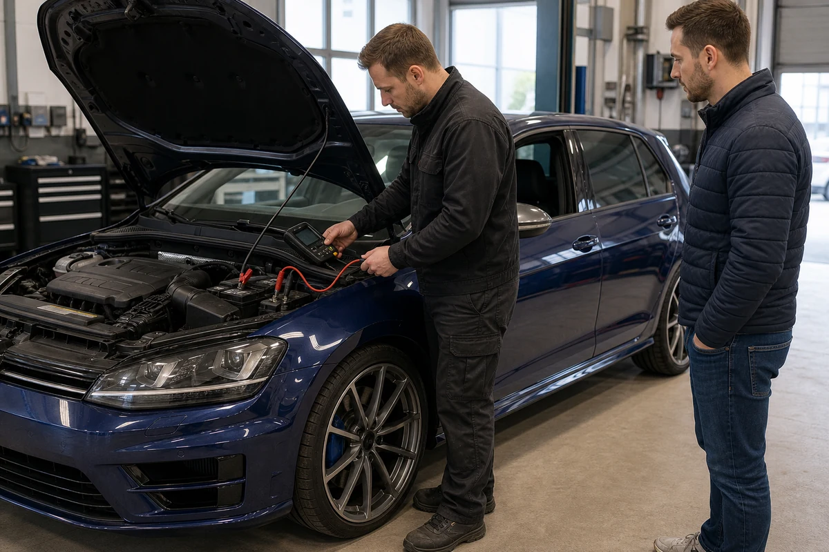 Mecánico comprobando la batería de 12 V de un Golf R con un equipo de diagnóstico mientras el propietario observa