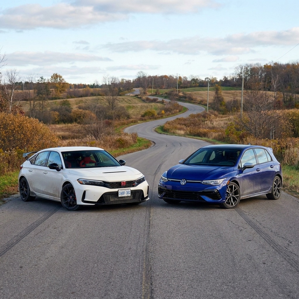 Volkswagen Golf GTI azul y Honda Civic Type R blanco frente a frente