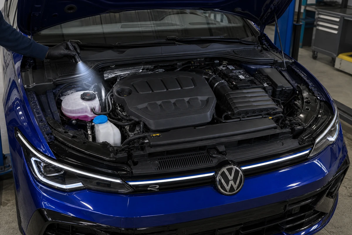 Inspección en frío del vaso de expansión de un Volkswagen Golf R Mk8 con la tapa cerrada