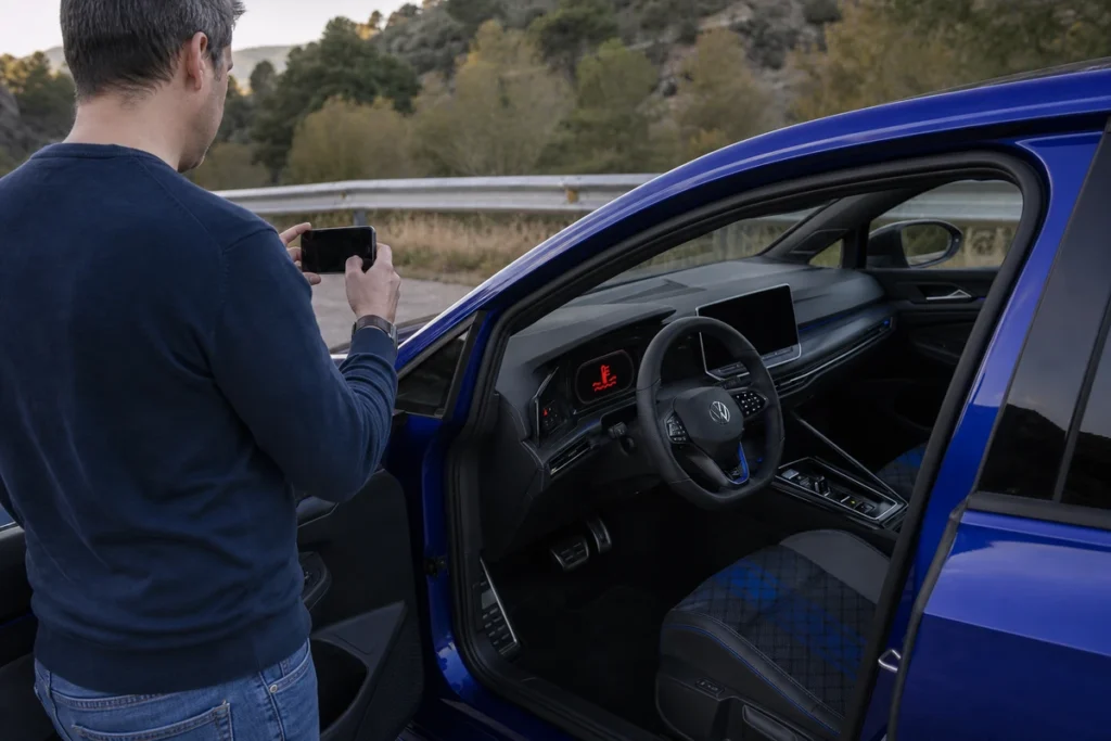 Volkswagen Golf R Mk8 detenido con el aviso rojo de refrigerante visible en el cuadro