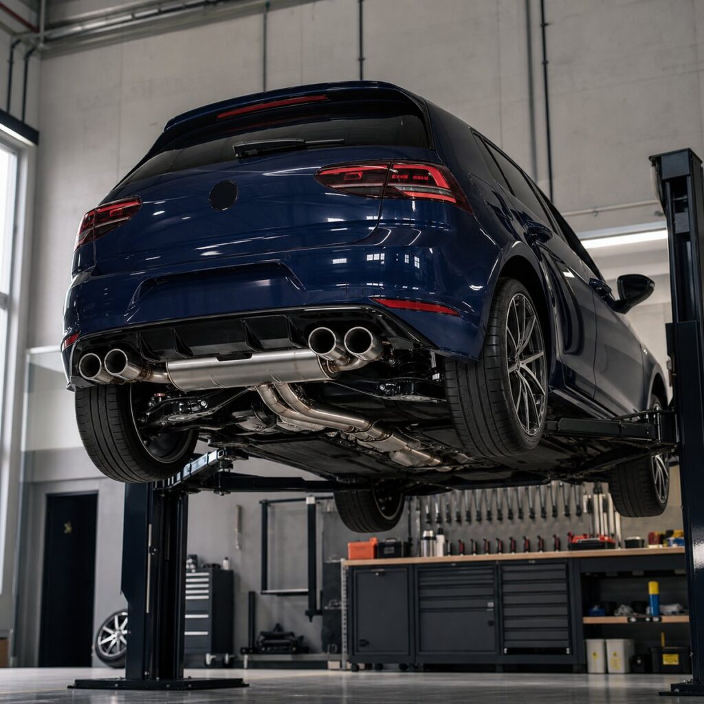 Golf R azul elevado para inspeccionar la línea completa de escape