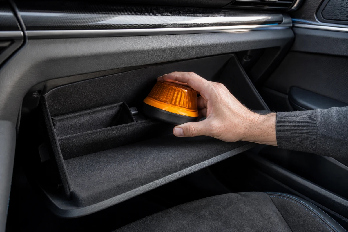 Conductor extrae una baliza V16 apagada de la guantera de un Golf R estacionado